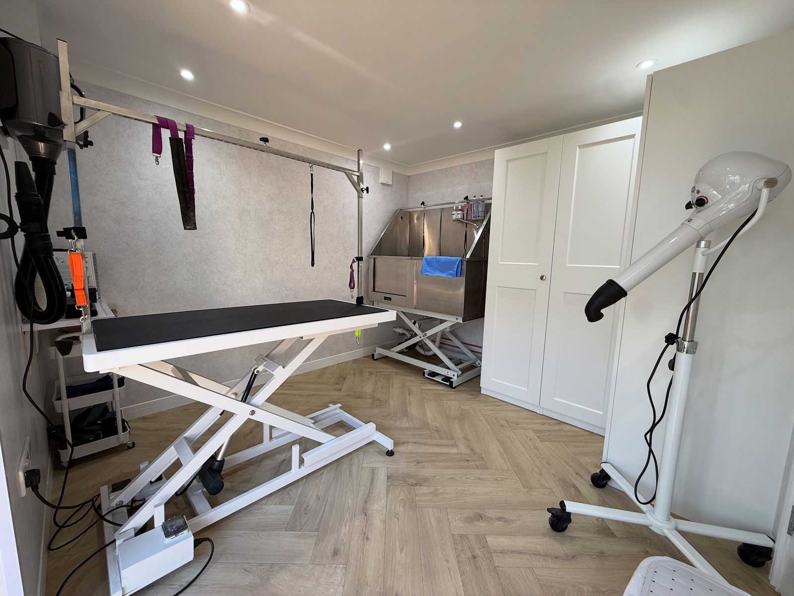The Barks & Bubbles grooming room: an electric grooming table, a walk-in bath and a stand dryer on a herringbone floor